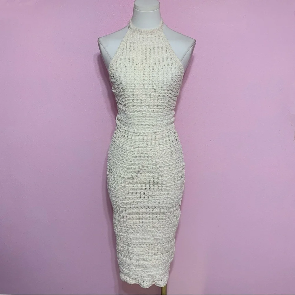 Zara Beige Crochet Knit Midi Dress S - Picture 2 of 7